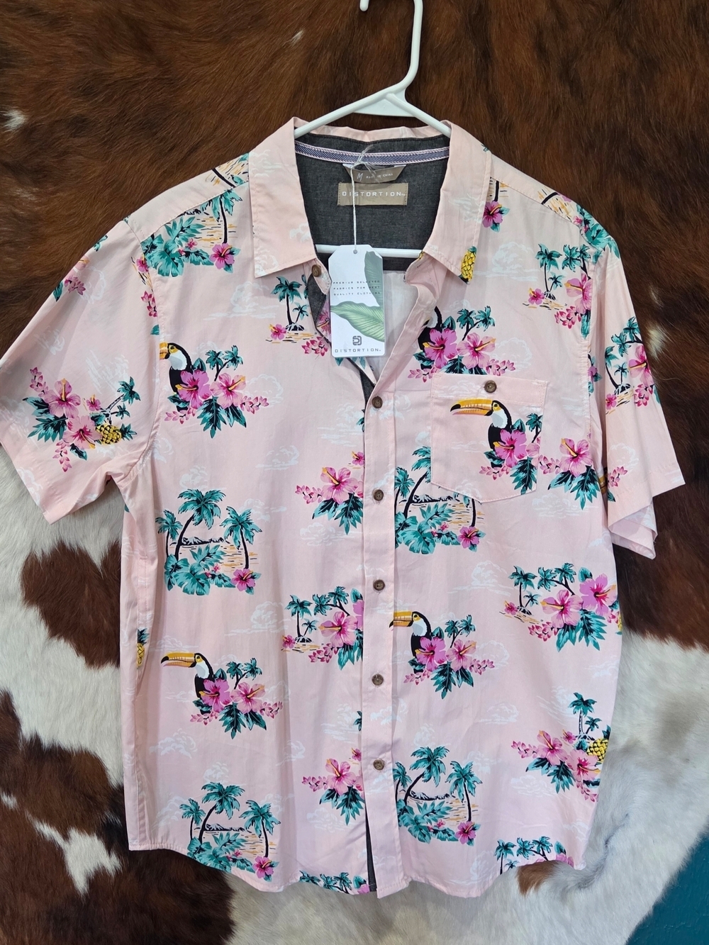 Casual Pink Tropical Toucan Print Short-Sleeve Shirt